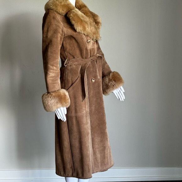 VTG 70’s Penny Lane Almost Famous Suede Shearling Wrap Trench Coat - Picture 4 of 10